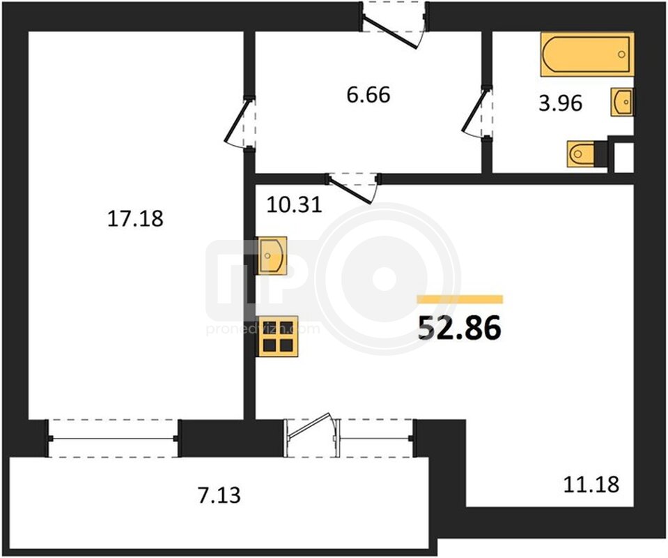 1-комнатная квартира, 52.86кв.м