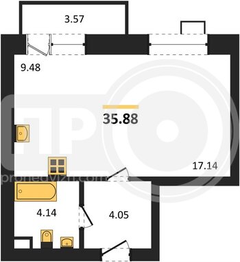 Миниатюра квартира-студия, 35,88кв.м.