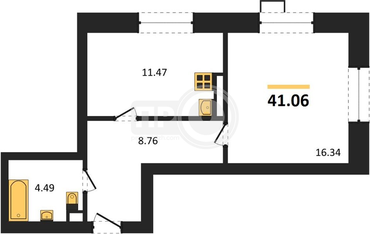 1-комнатная квартира, 41.06кв.м
