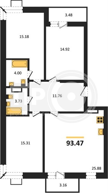 3-комнатная квартира, 93.47кв.м