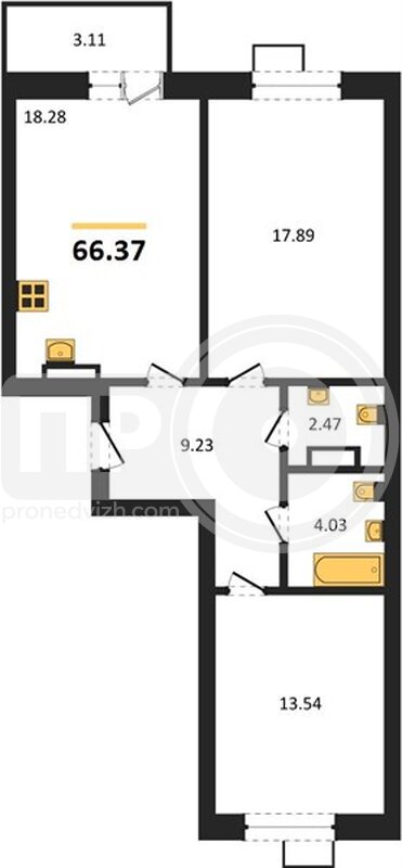 2-комнатная квартира, 66.37кв.м