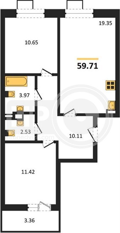2-комнатная квартира, 59.71кв.м