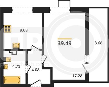 Миниатюра 1-комнатная квартира, 39.49кв.м