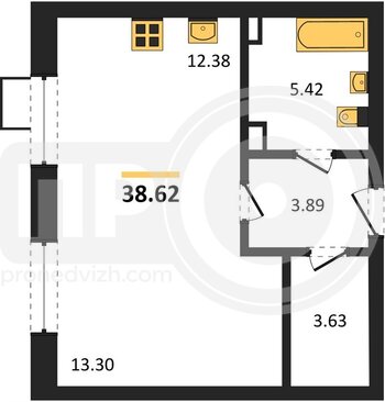 Миниатюра квартира-студия, 38,62кв.м.
