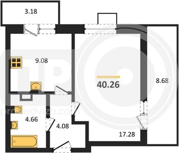Миниатюра 1-комнатная квартира, 40.26кв.м