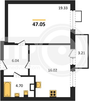 Миниатюра 1-комнатная квартира, 47.05кв.м