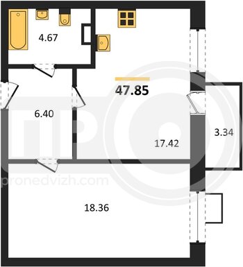 Миниатюра 1-комнатная квартира, 47.85кв.м