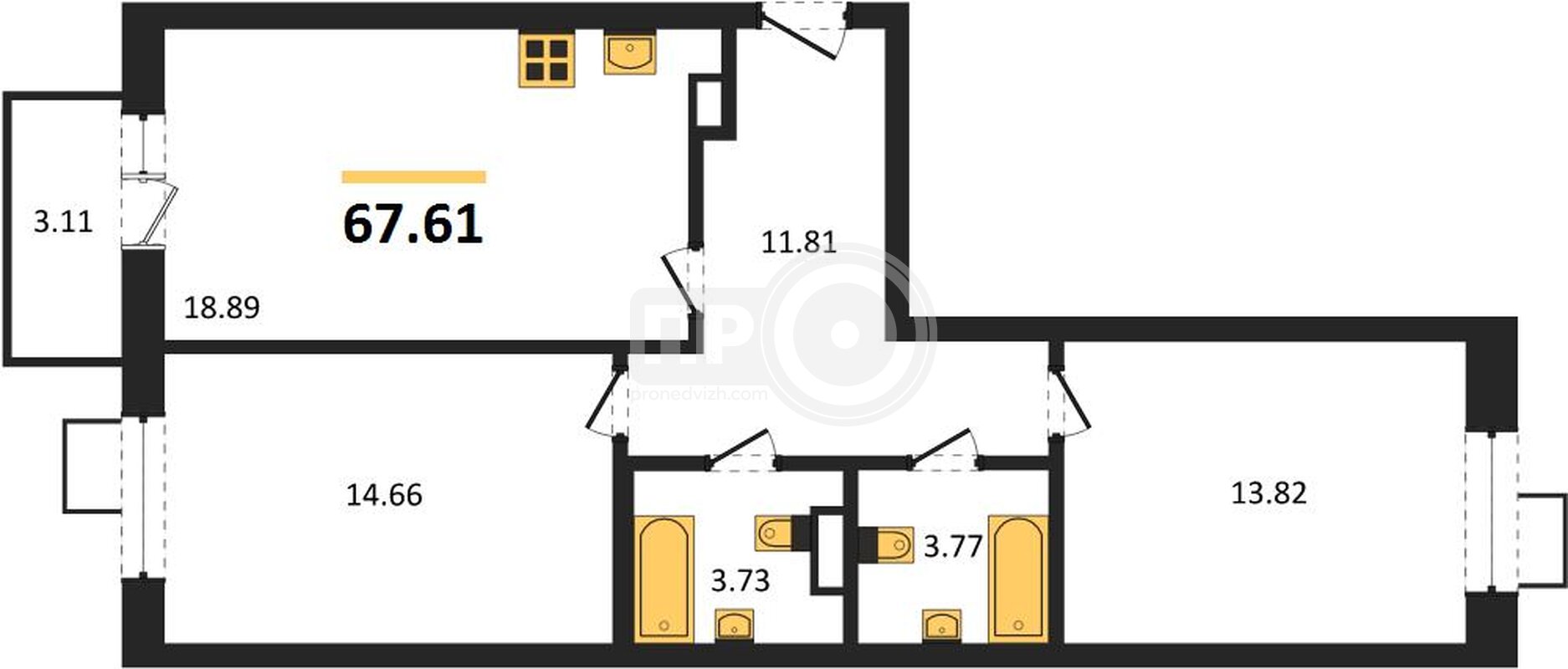 2-комнатная квартира, 67.61кв.м