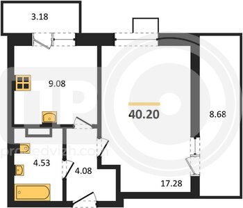 Миниатюра 1-комнатная квартира, 40.2кв.м