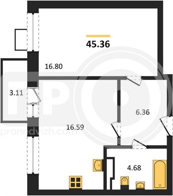 Миниатюра 1-комнатная квартира, 45.36кв.м