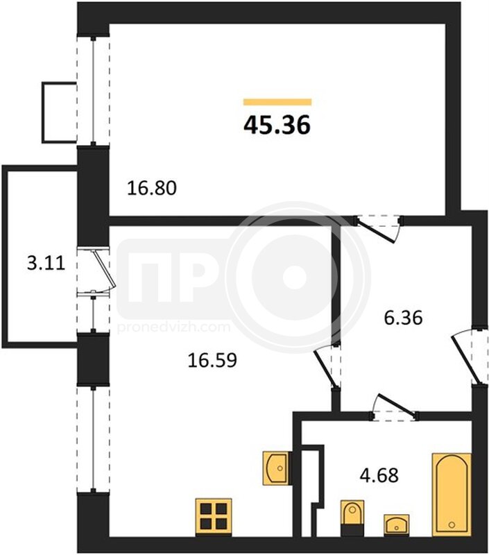 1-комнатная квартира, 45.36кв.м