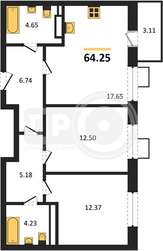 2-комнатная квартира, 64.25кв.м