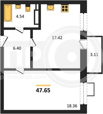 Миниатюра 1-комнатная квартира, 47.65кв.м