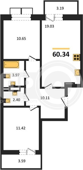 Миниатюра 2-комнатная квартира, 60.34кв.м