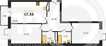 Миниатюра 2-комнатная квартира, 67.33кв.м