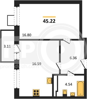 Миниатюра 1-комнатная квартира, 45.22кв.м