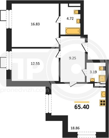 Миниатюра 2-комнатная квартира, 65.4кв.м