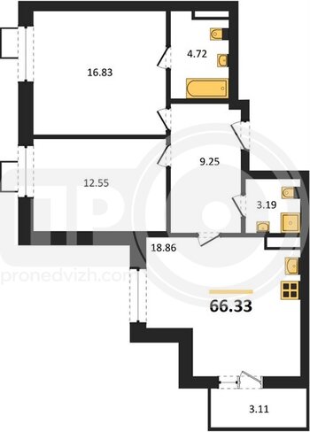 Миниатюра 2-комнатная квартира, 66.33кв.м