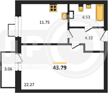 Миниатюра 1-комнатная квартира, 43.79кв.м