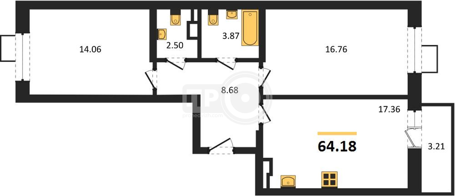 2-комнатная квартира, 64.18кв.м