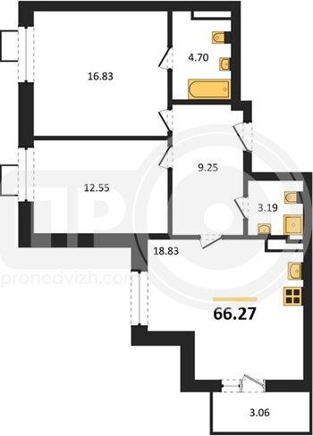 Миниатюра 2-комнатная квартира, 66.27кв.м