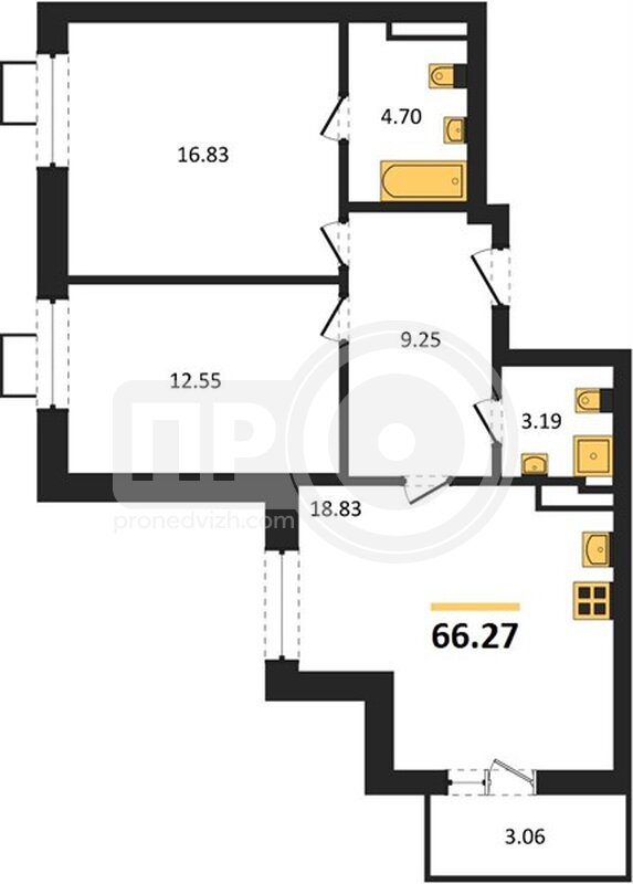2-комнатная квартира, 66.27кв.м