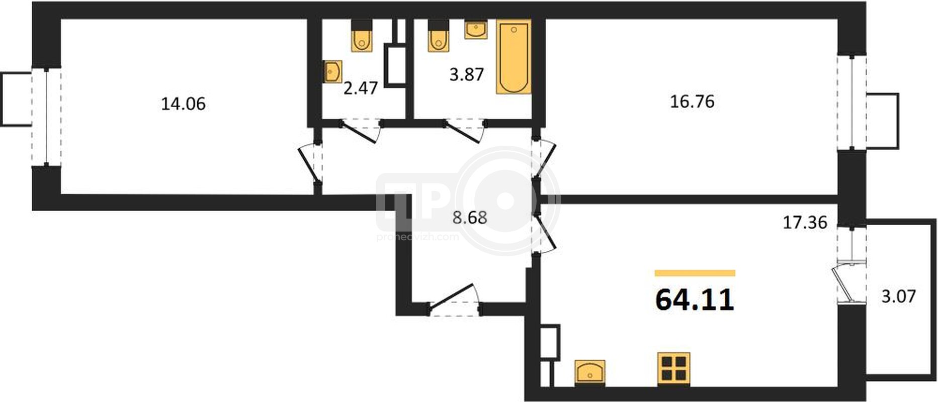2-комнатная квартира, 64.11кв.м