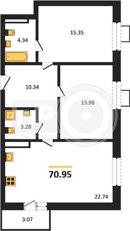 2-комнатная квартира, 70.95кв.м