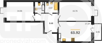 Миниатюра 2-комнатная квартира, 63.92кв.м