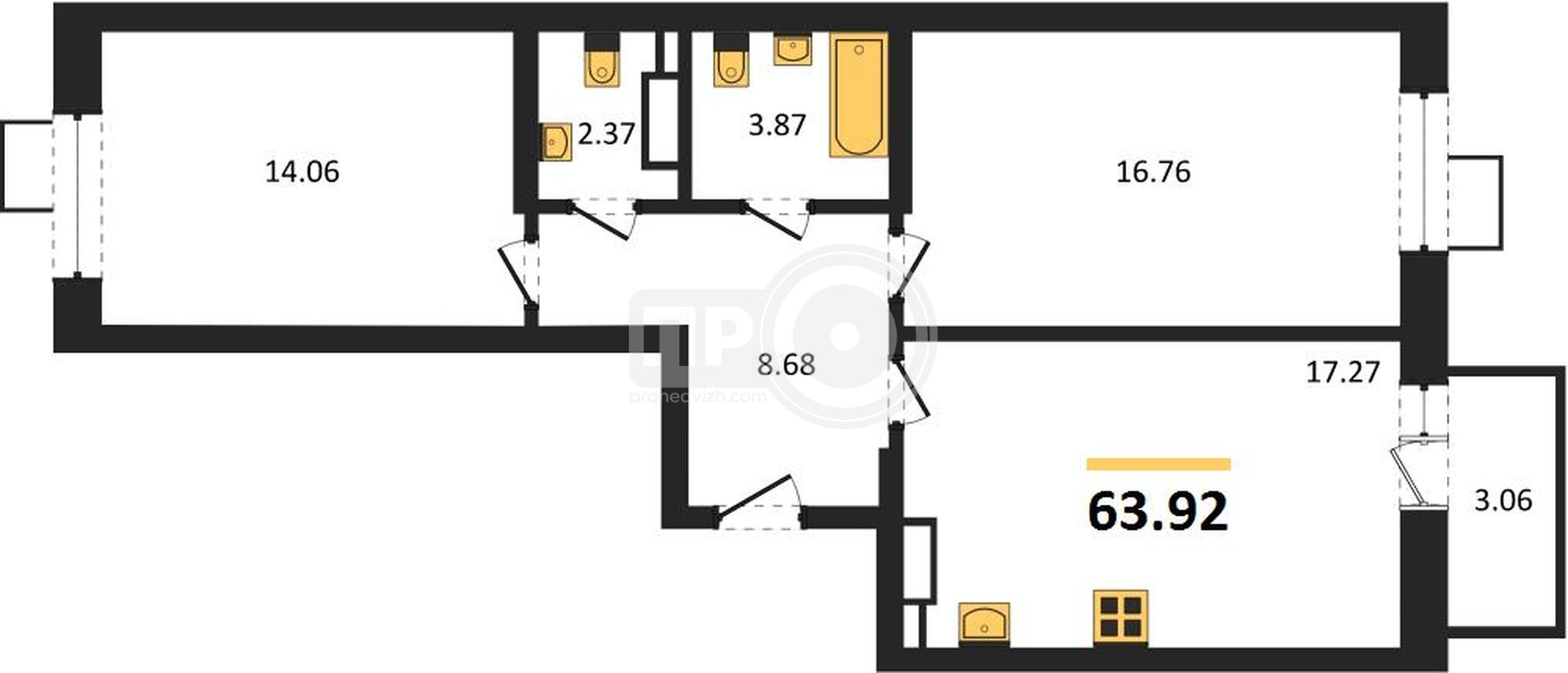 2-комнатная квартира, 63.92кв.м