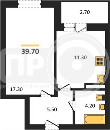 Миниатюра 1-комнатная квартира, 39.7кв.м