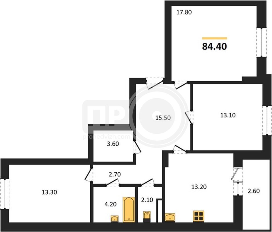 3-комнатная квартира, 84.4кв.м