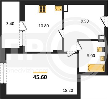 Миниатюра 1-комнатная квартира, 45.6кв.м