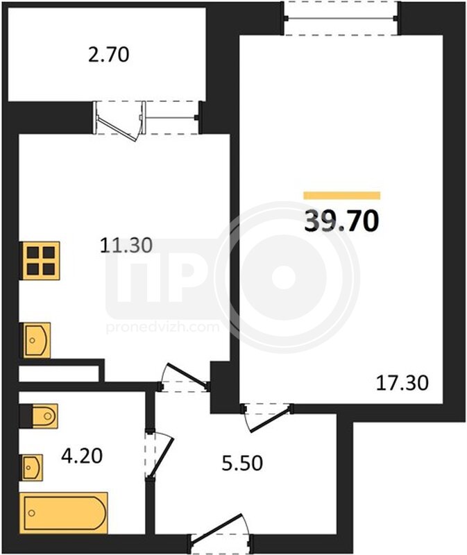 1-комнатная квартира, 39.7кв.м