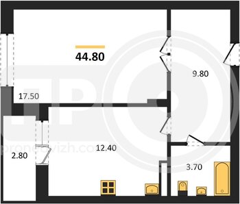 Миниатюра 1-комнатная квартира, 44.8кв.м
