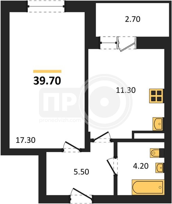 1-комнатная квартира, 39.7кв.м