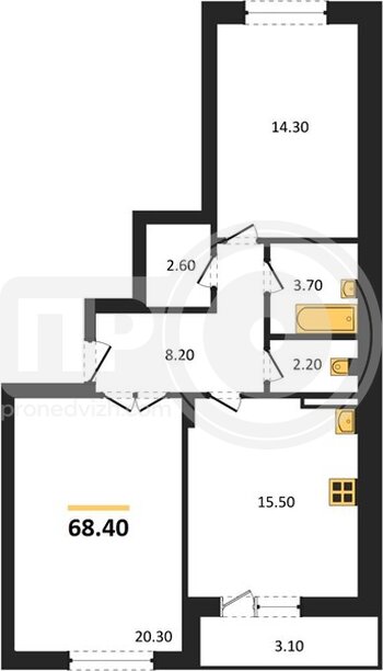 Миниатюра 2-комнатная квартира, 68.4кв.м