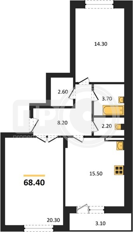 2-комнатная квартира, 68.4кв.м
