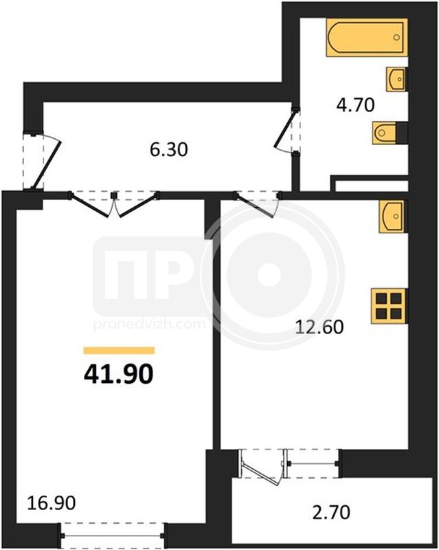 1-комнатная квартира, 41.9кв.м