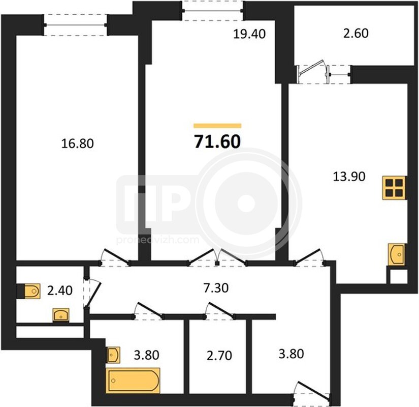 2-комнатная квартира, 71.6кв.м