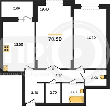 Миниатюра 2-комнатная квартира, 70.5кв.м