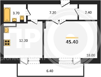 Миниатюра 1-комнатная квартира, 45.4кв.м