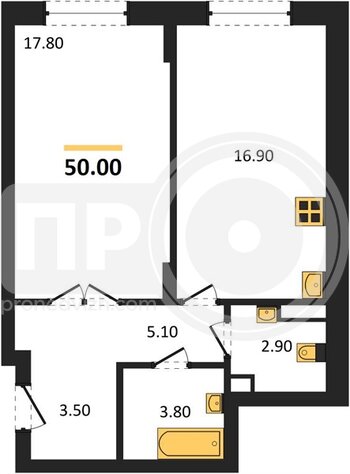 Миниатюра 1-комнатная квартира, 50кв.м