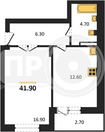 Миниатюра 1-комнатная квартира, 41.9кв.м