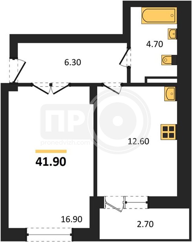 1-комнатная квартира, 41.9кв.м