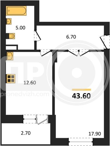 Миниатюра 1-комнатная квартира, 43.6кв.м