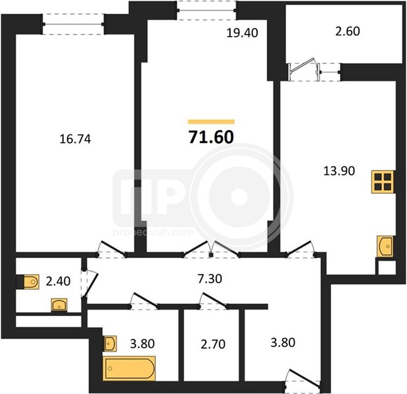 2-комнатная квартира, 71.6кв.м