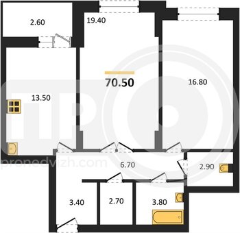 Миниатюра 2-комнатная квартира, 70.5кв.м