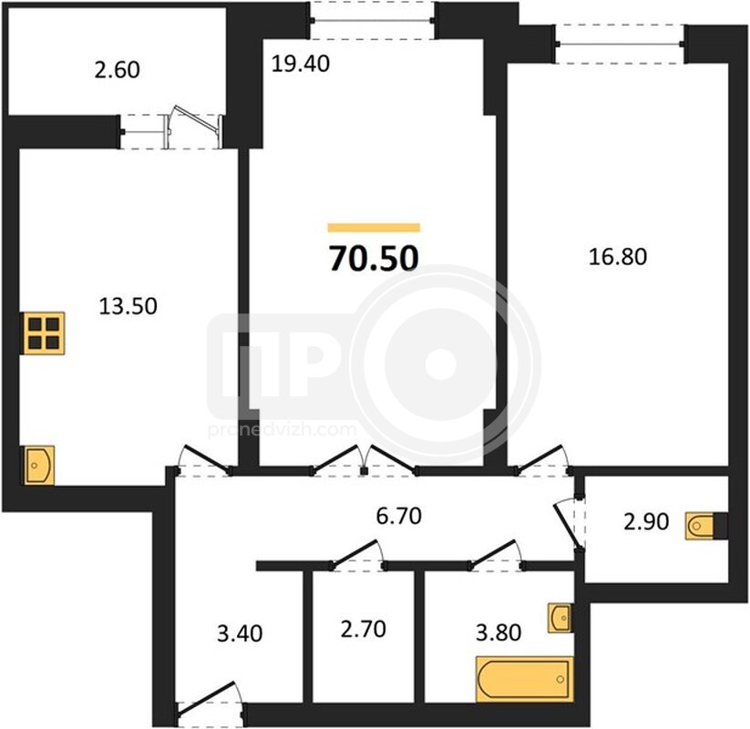 2-комнатная квартира, 70.5кв.м