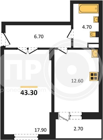 Миниатюра 1-комнатная квартира, 43.3кв.м